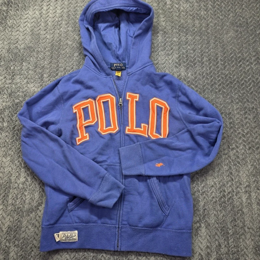 Polo Ralph‎ Lauren Full Zip Hoodie Boys Medium 10-12 Blue Pony Logo Spellout